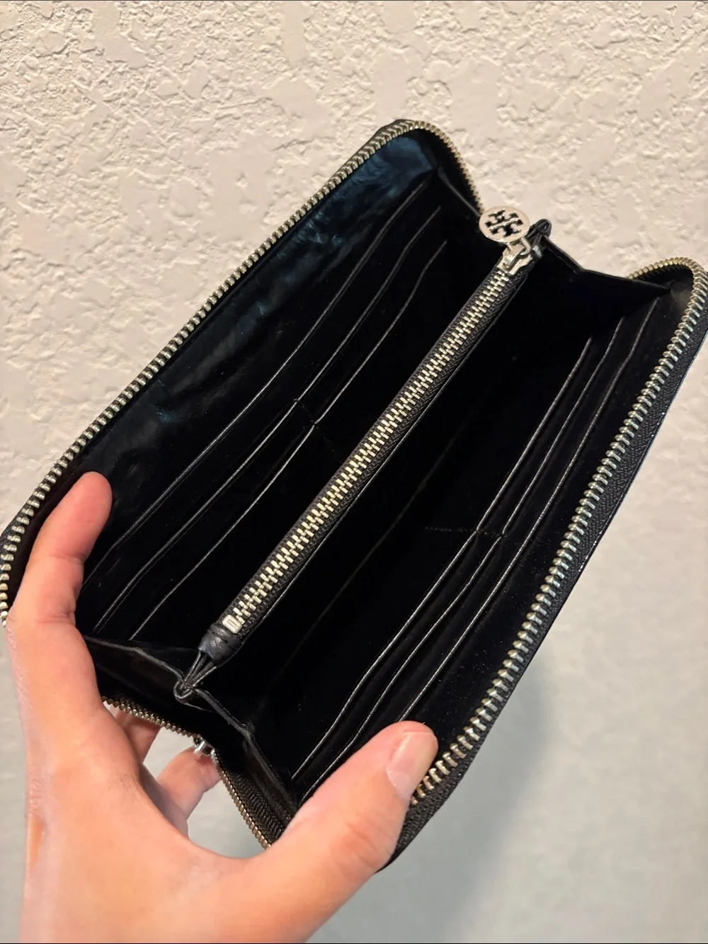 Tory Burch Black Patent Leather Zip-Around Wallet with Silver Logo Medallion